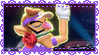 An animated stamp of a scene from the game Mario Tennis Aces of Waluigi performing his Special Shot. The shot starts zoomed in into his face with a rose in his mouth. As the camera zooms out Waluigi snaps his finger and poses, causing rose petals to rise up through the air.